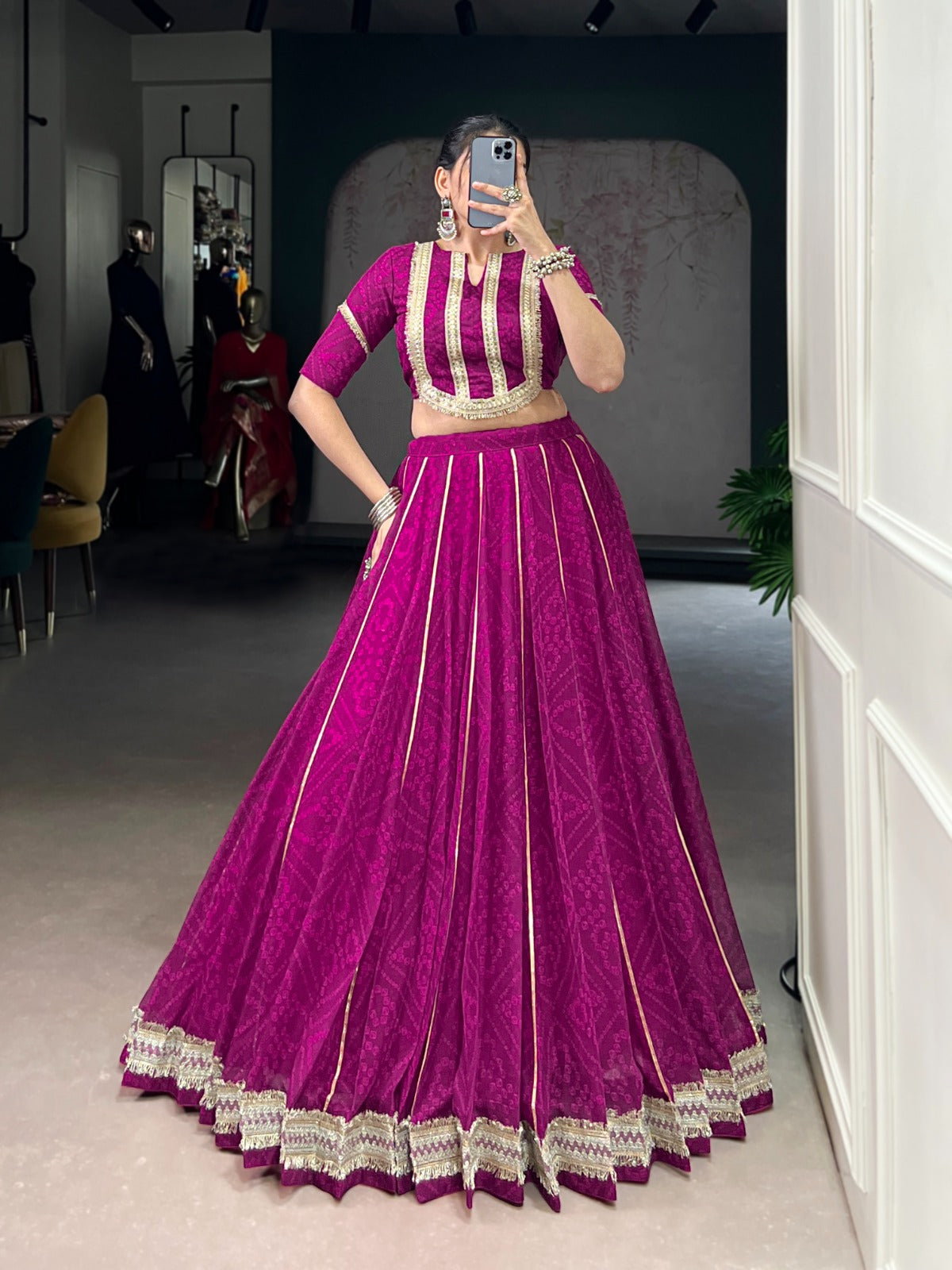 Lorenvalley Fashion Wine Chiffon Bandhej Print with Sequins and Gotta Patti Lace Touch Up Lehenga Choli