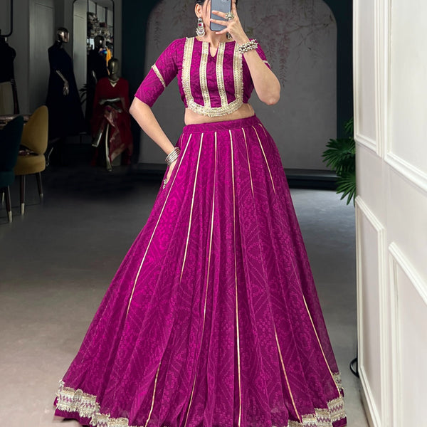 Lorenvalley Fashion Wine Chiffon Bandhej Print with Sequins and Gotta Patti Lace Touch Up Lehenga Choli