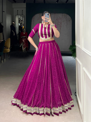 Lorenvalley Fashion Wine Chiffon Bandhej Print with Sequins and Gotta Patti Lace Touch Up Lehenga Choli