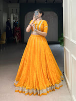 Thumbnail for Lorenvalley Fashion Yellow Chiffon Bandhej Print with Sequins and Gotta Patti Lace Touch Up Lehenga Choli
