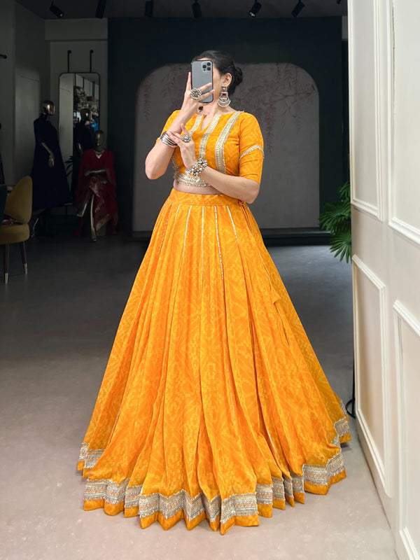 Lorenvalley Fashion Yellow Chiffon Bandhej Print with Sequins and Gotta Patti Lace Touch Up Lehenga Choli
