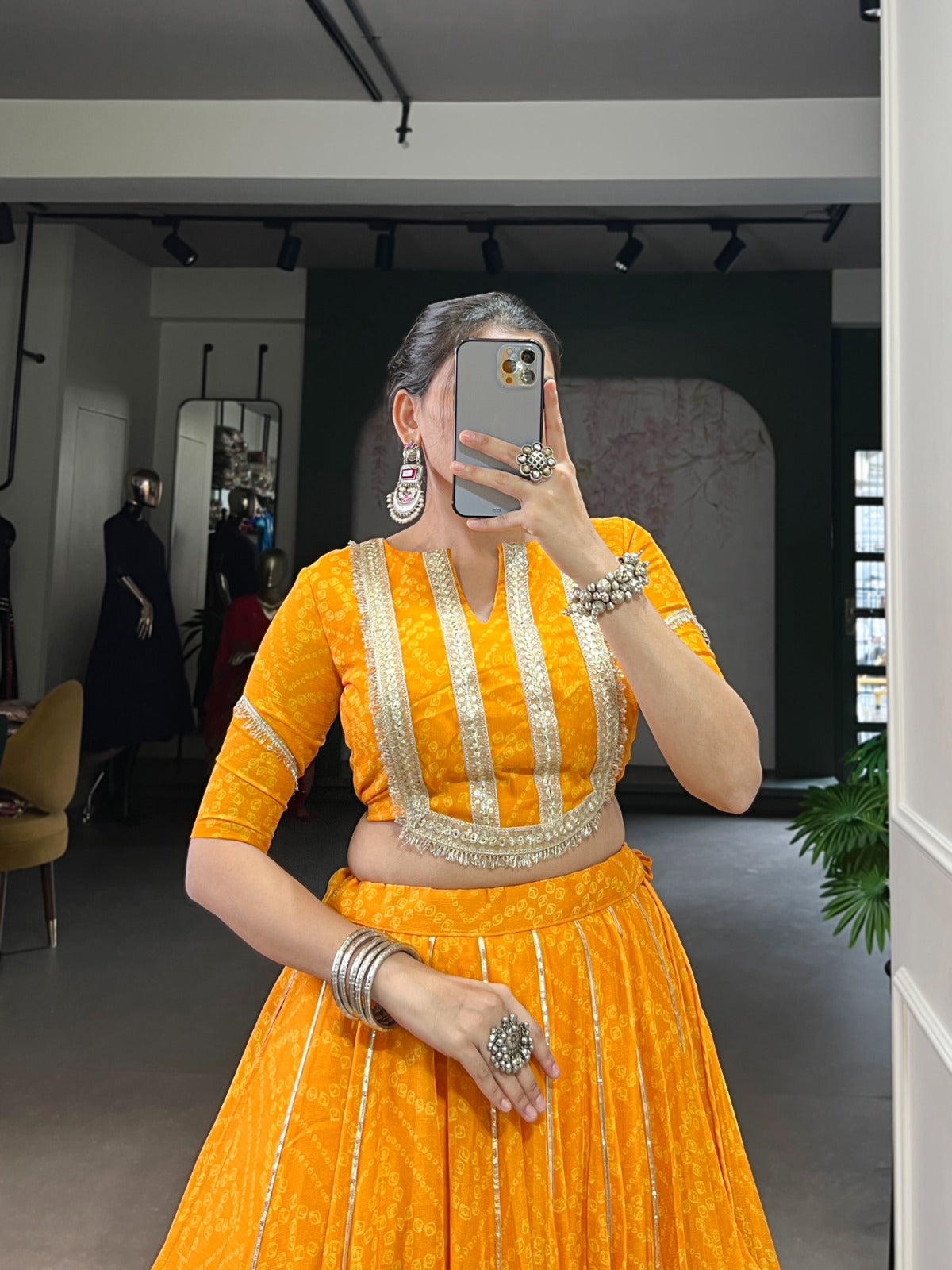 Lorenvalley Fashion Yellow Chiffon Bandhej Print with Sequins and Gotta Patti Lace Touch Up Lehenga Choli