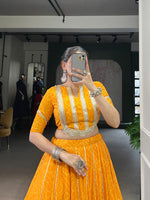 Thumbnail for Lorenvalley Fashion Yellow Chiffon Bandhej Print with Sequins and Gotta Patti Lace Touch Up Lehenga Choli