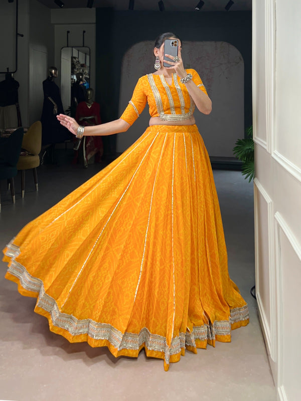 Lorenvalley Fashion Yellow Chiffon Bandhej Print with Sequins and Gotta Patti Lace Touch Up Lehenga Choli