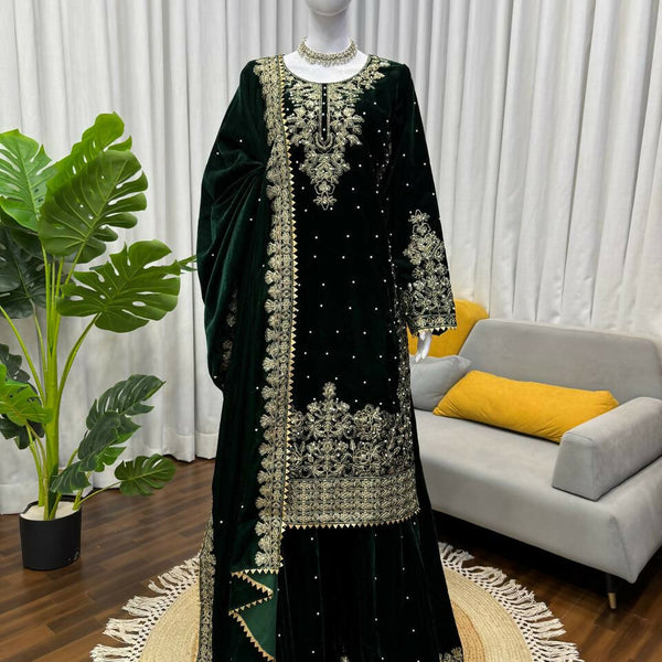 Vastranavya Green Viscose Velvet Cording Sequence With Moti Work Top-Bottom With Dupatta