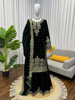 Thumbnail for Vastranavya Green Viscose Velvet Cording Sequence With Moti Work Top-Bottom With Dupatta