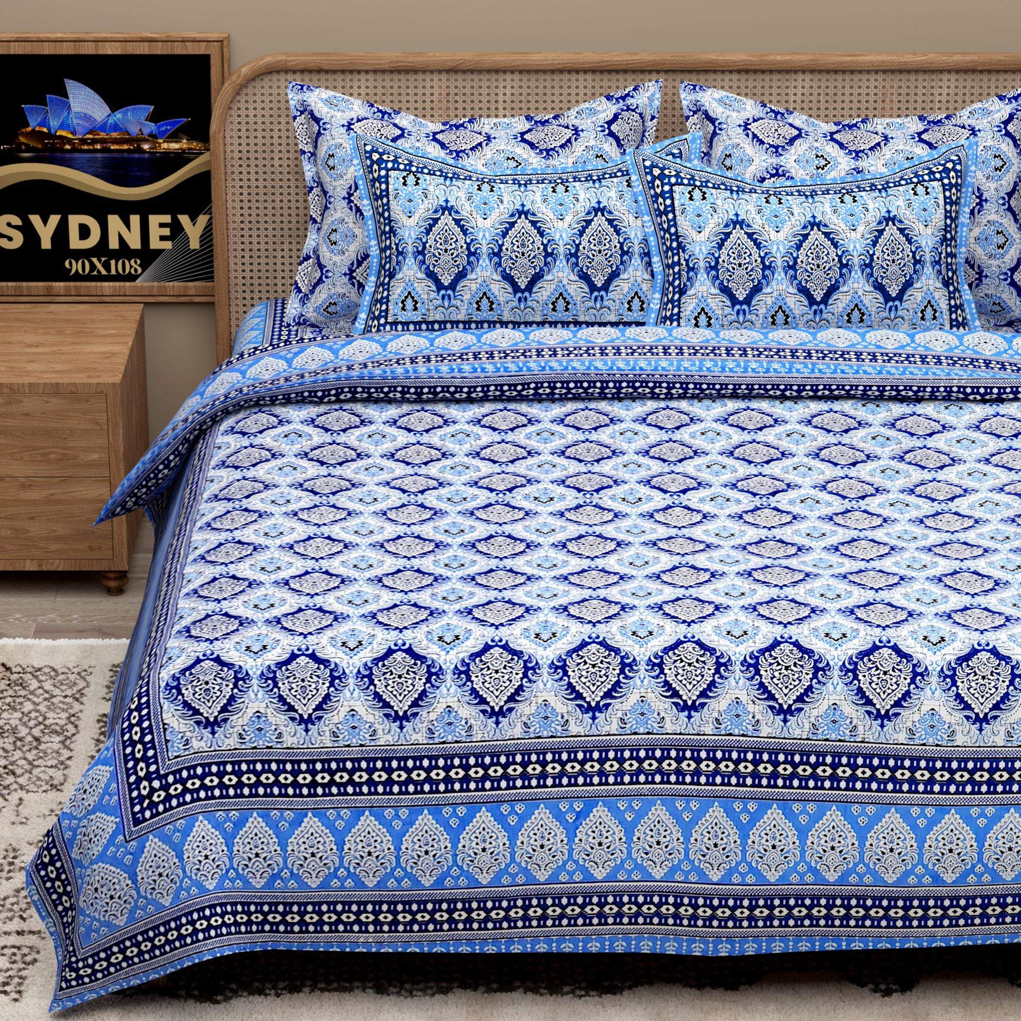 Blue Ethnic Motifs Cotton 200TC King Bedsheet With 2 Zipper Pillow Covers - King Size by House of Ree - Distacart