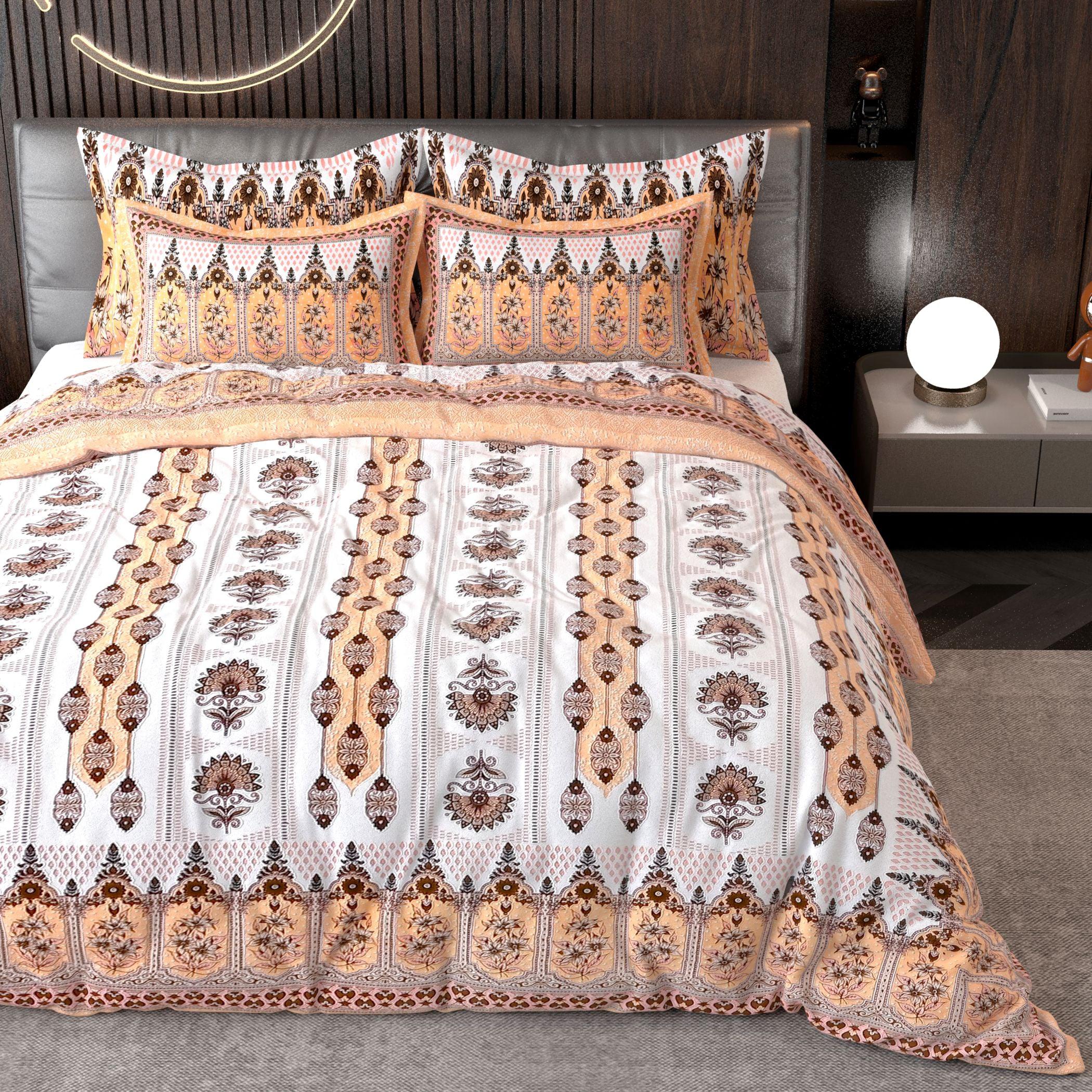 Brown White Ethnic Motifs Cotton 220 TC King Bedsheet With 2 Zipper Pillow Covers - King Size by House of Ree - Distacart