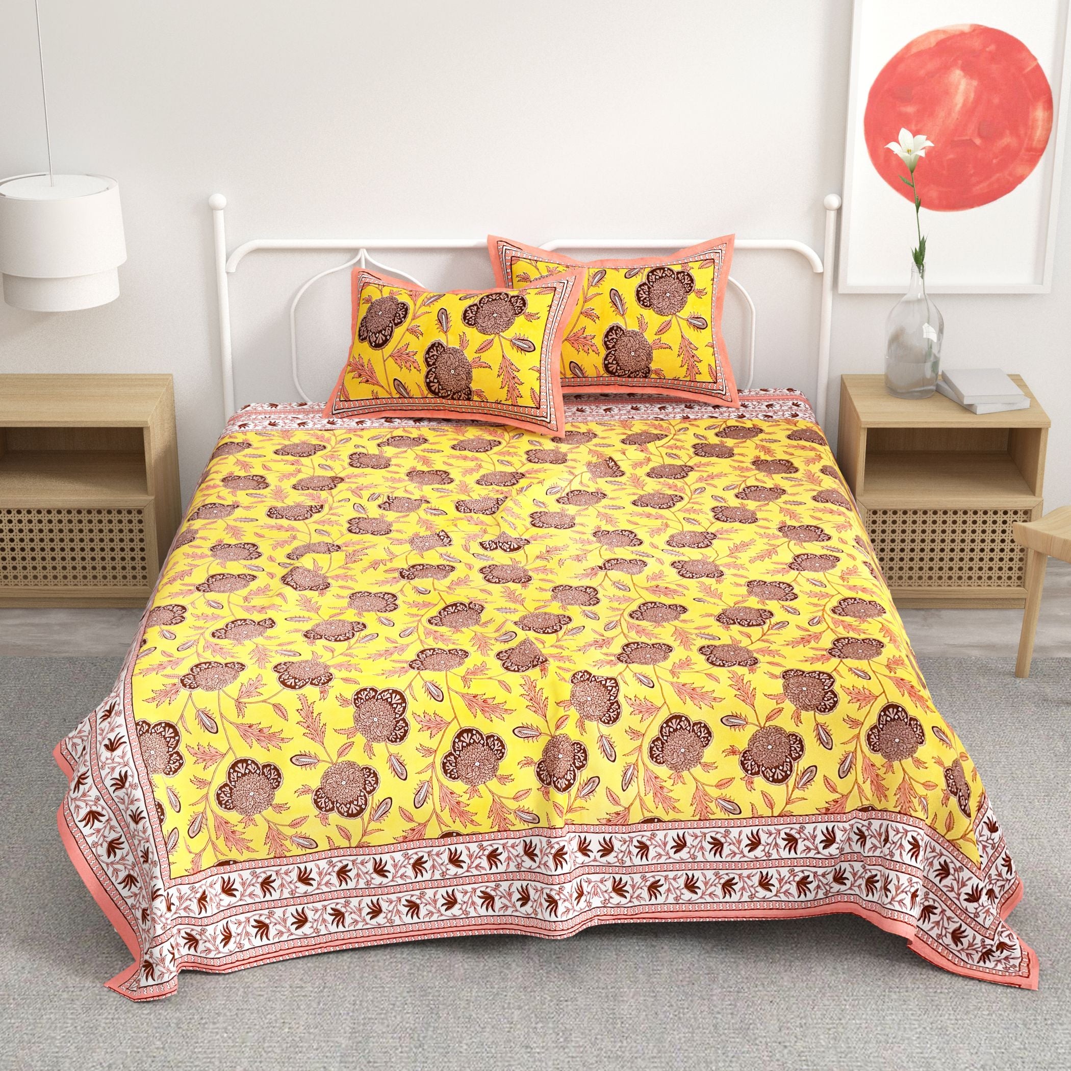 Yellow Floral Design Cotton 300TC Super King Bedsheet With 2 Zipper Pillow Covers - King Size by House of Ree - Distacart