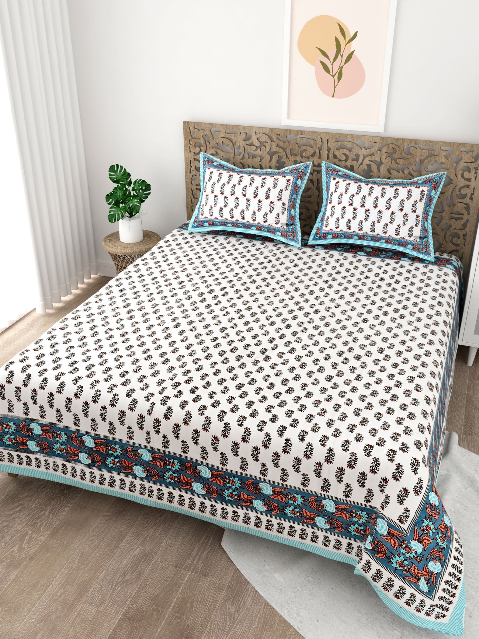 Blue Leaf Design Cotton 200TC King Bedsheet With 2 Zipper Pillow Covers - King Size by House of Ree - Distacart