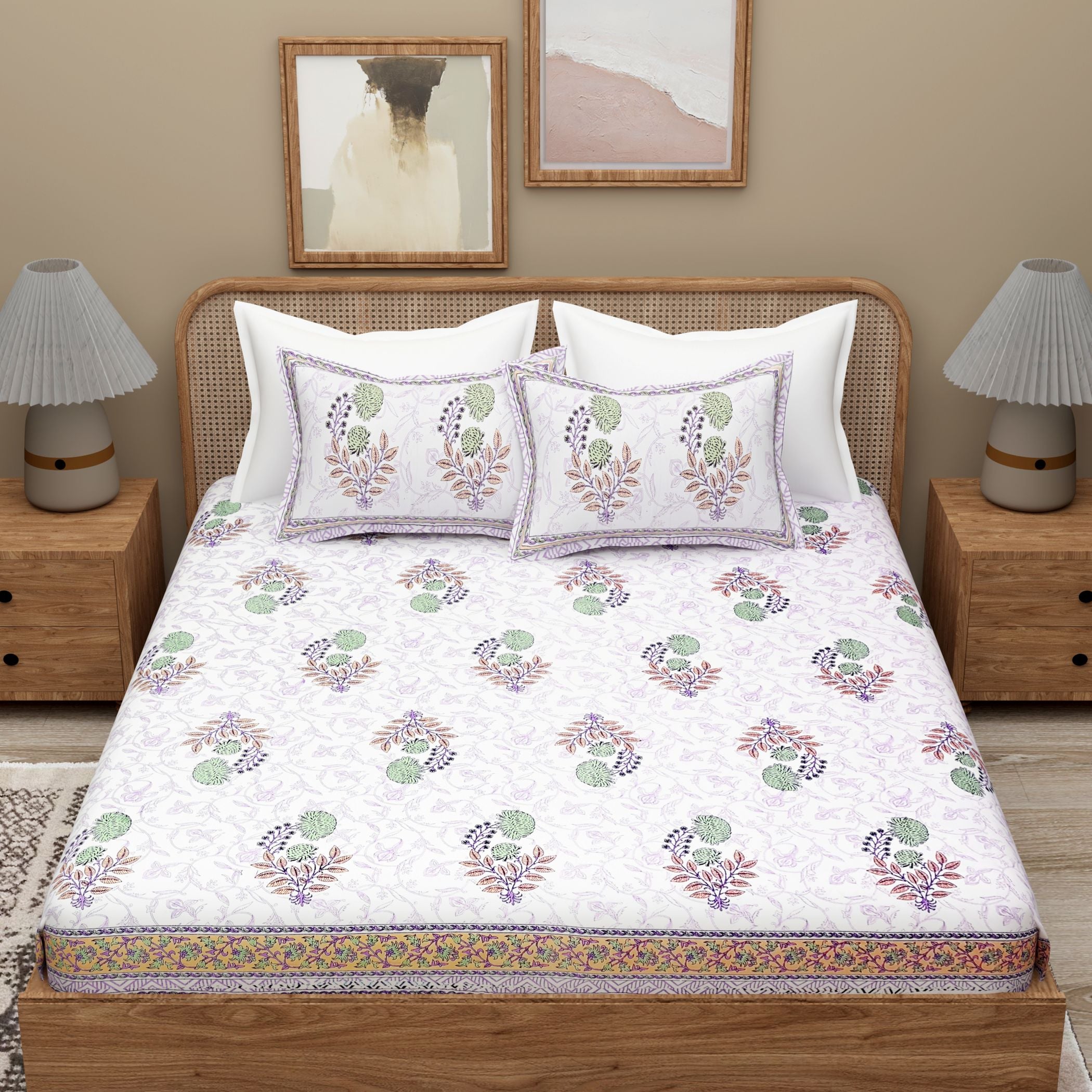 White Purple Ethnic Motifs Cotton 300TC King Bedsheet With 2 Zipper Pillow Covers - Super King Size by House of Ree - Distacart