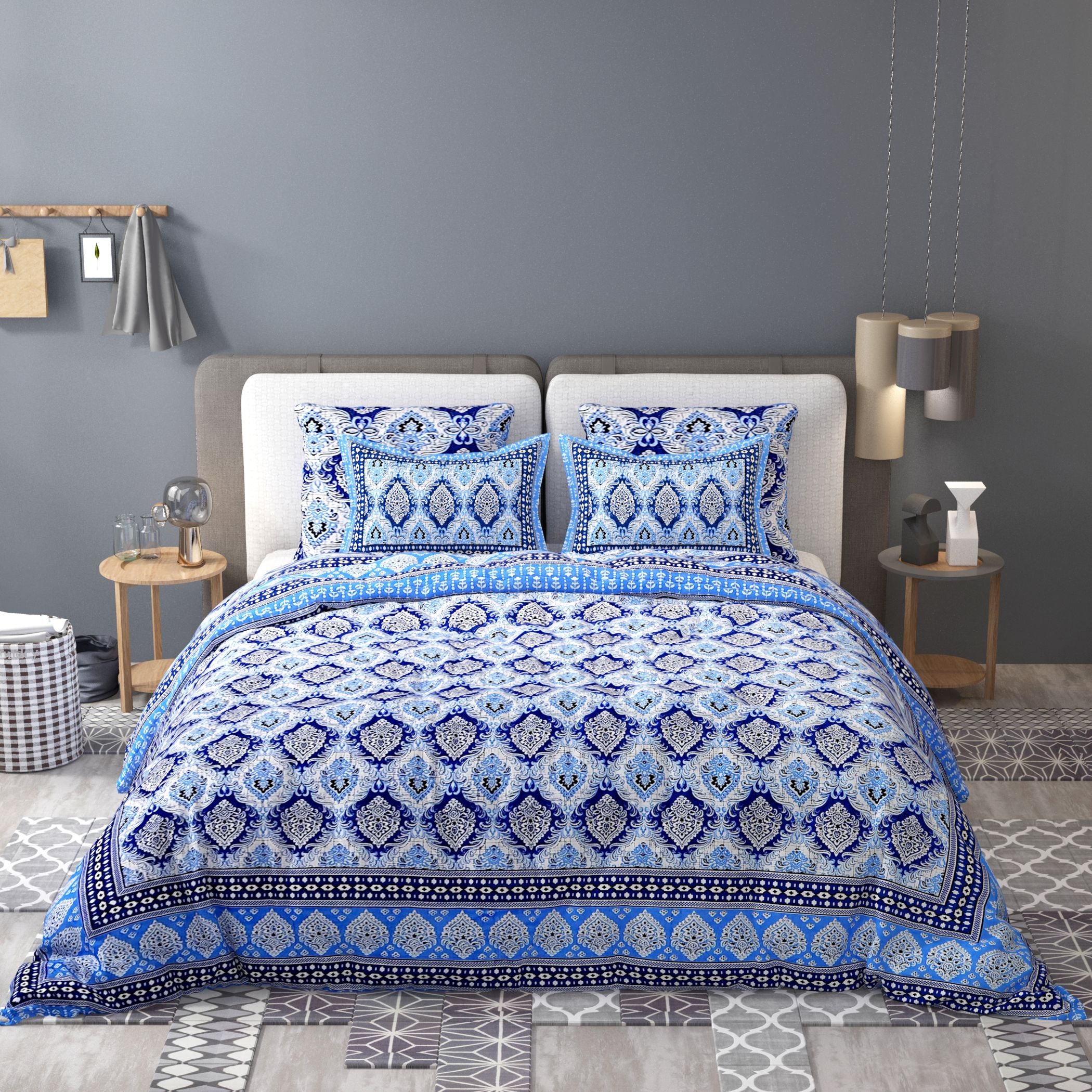 Blue Ethnic Motifs Cotton 200TC King Bedsheet With 2 Zipper Pillow Covers - King Size by House of Ree - Distacart