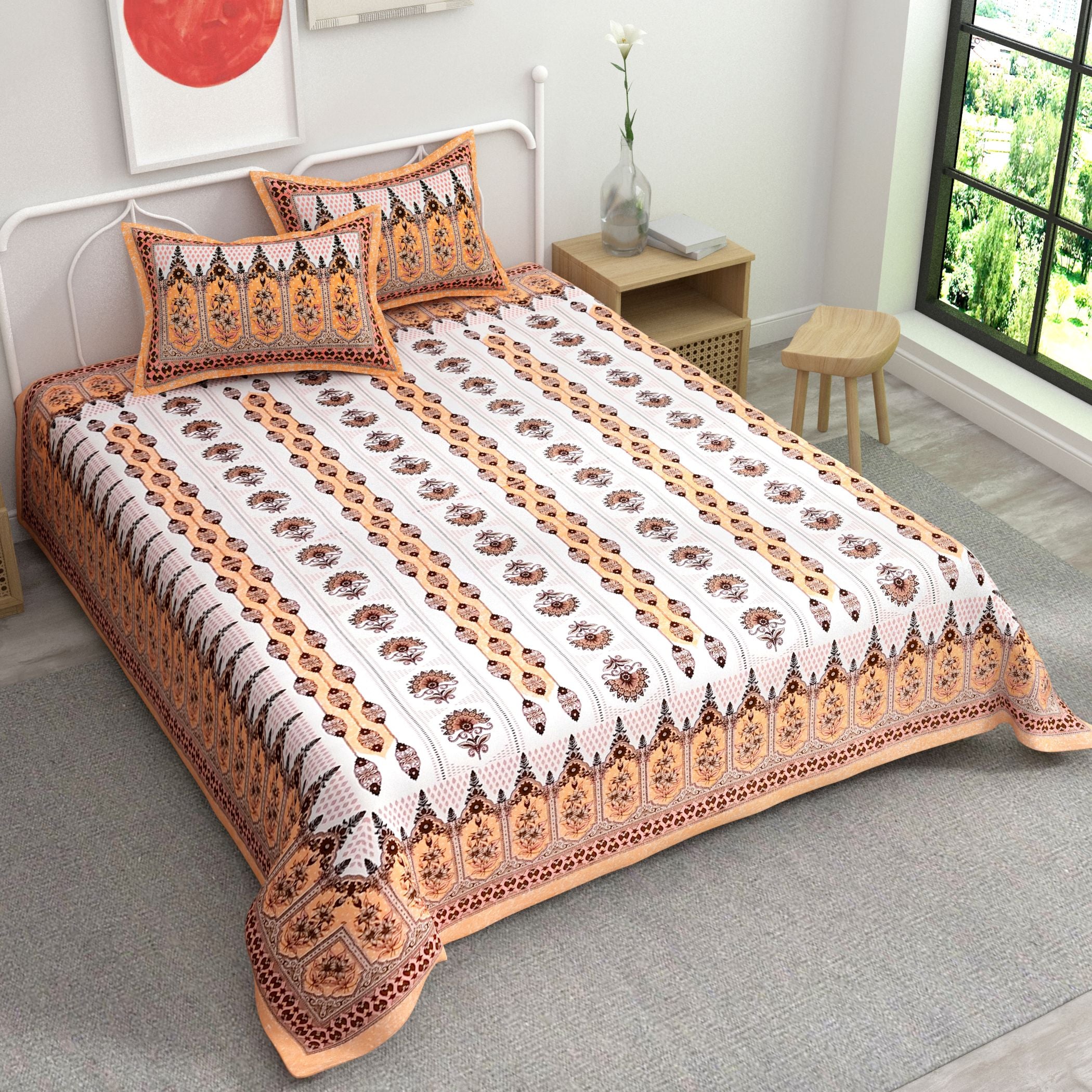 Brown White Ethnic Motifs Cotton 220 TC King Bedsheet With 2 Zipper Pillow Covers - King Size by House of Ree - Distacart