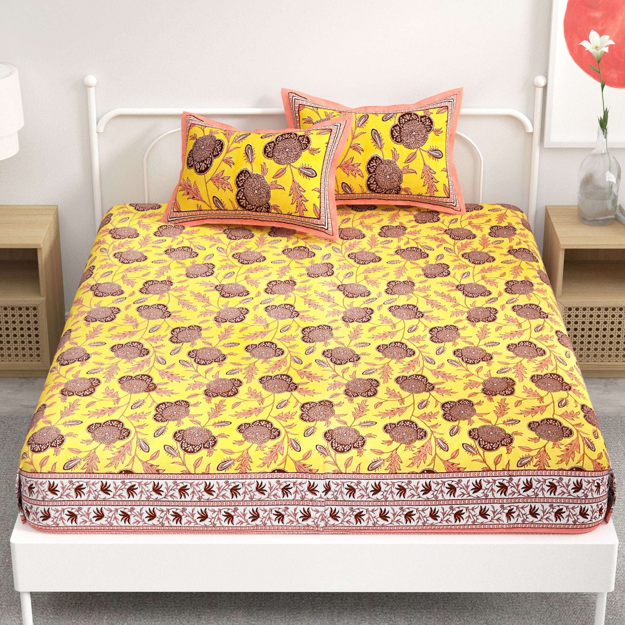Yellow Floral Design Cotton 300TC Super King Bedsheet With 2 Zipper Pillow Covers - King Size by House of Ree - Distacart