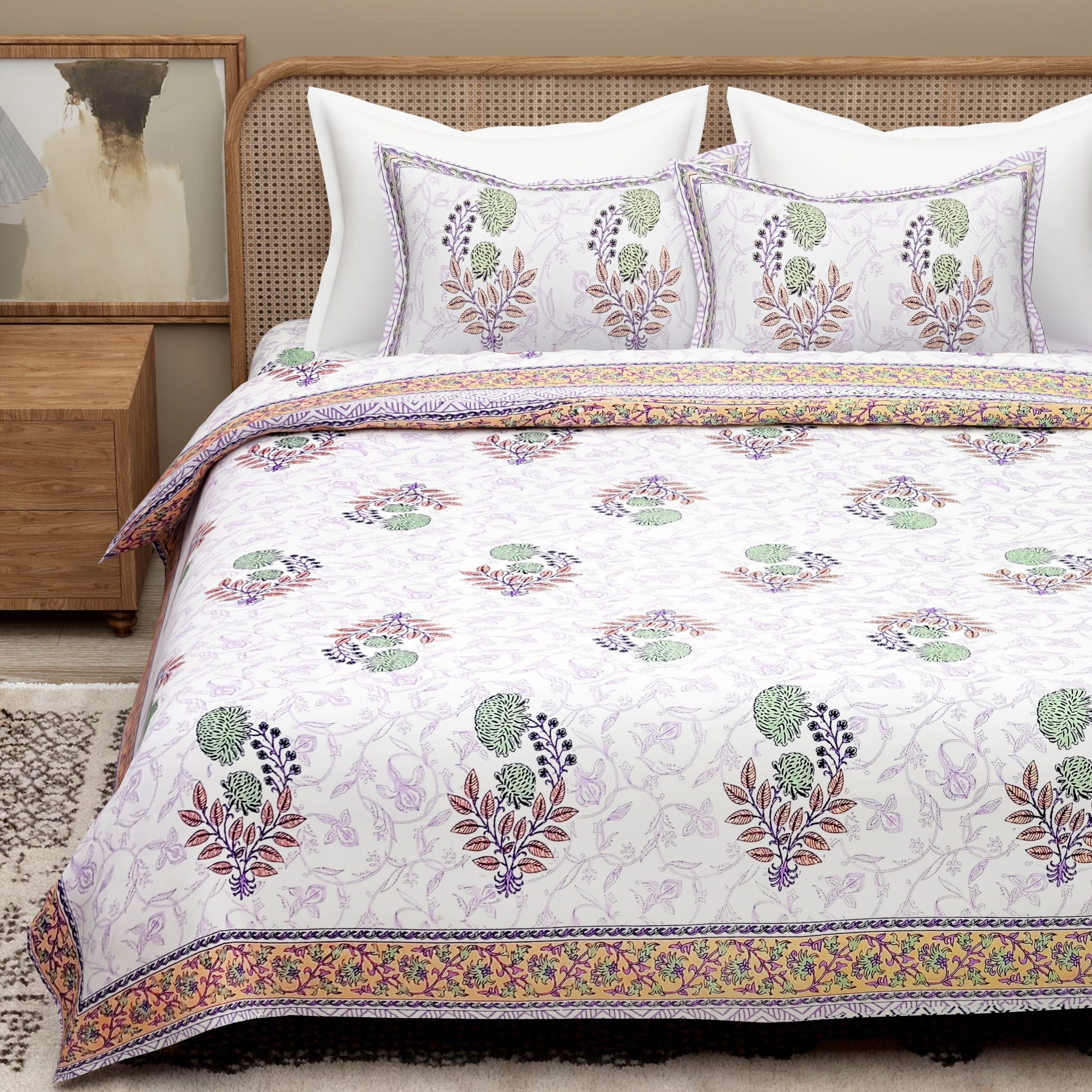 White Purple Ethnic Motifs Cotton 300TC King Bedsheet With 2 Zipper Pillow Covers - Super King Size by House of Ree - Distacart