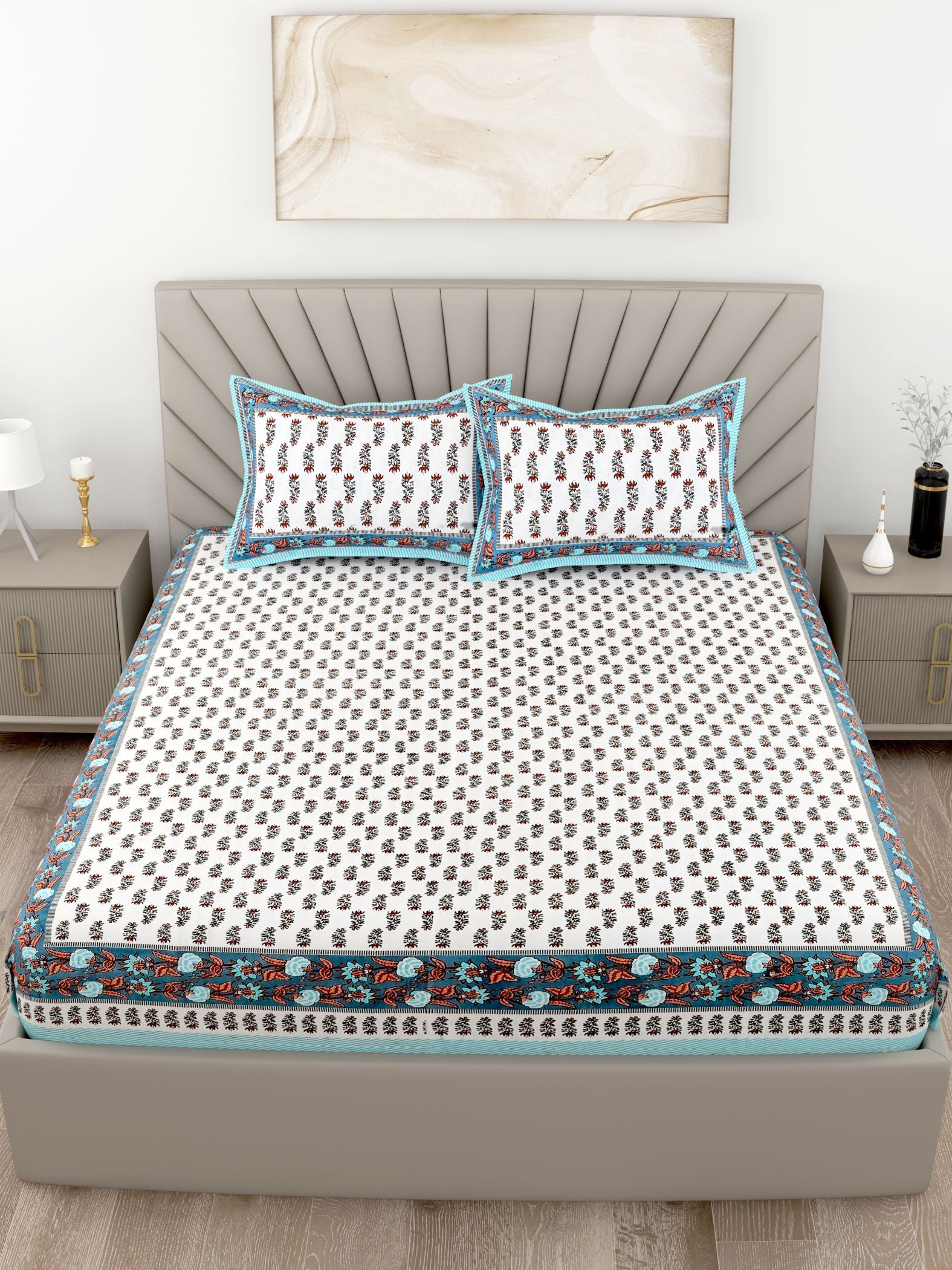 Blue Leaf Design Cotton 200TC King Bedsheet With 2 Zipper Pillow Covers - King Size by House of Ree - Distacart