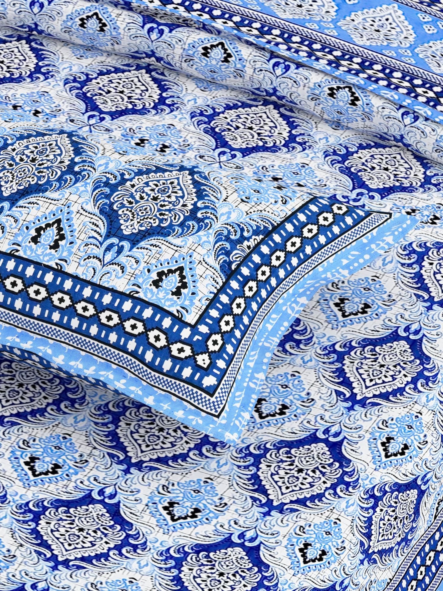 Blue Ethnic Motifs Cotton 200TC King Bedsheet With 2 Zipper Pillow Covers - King Size by House of Ree - Distacart