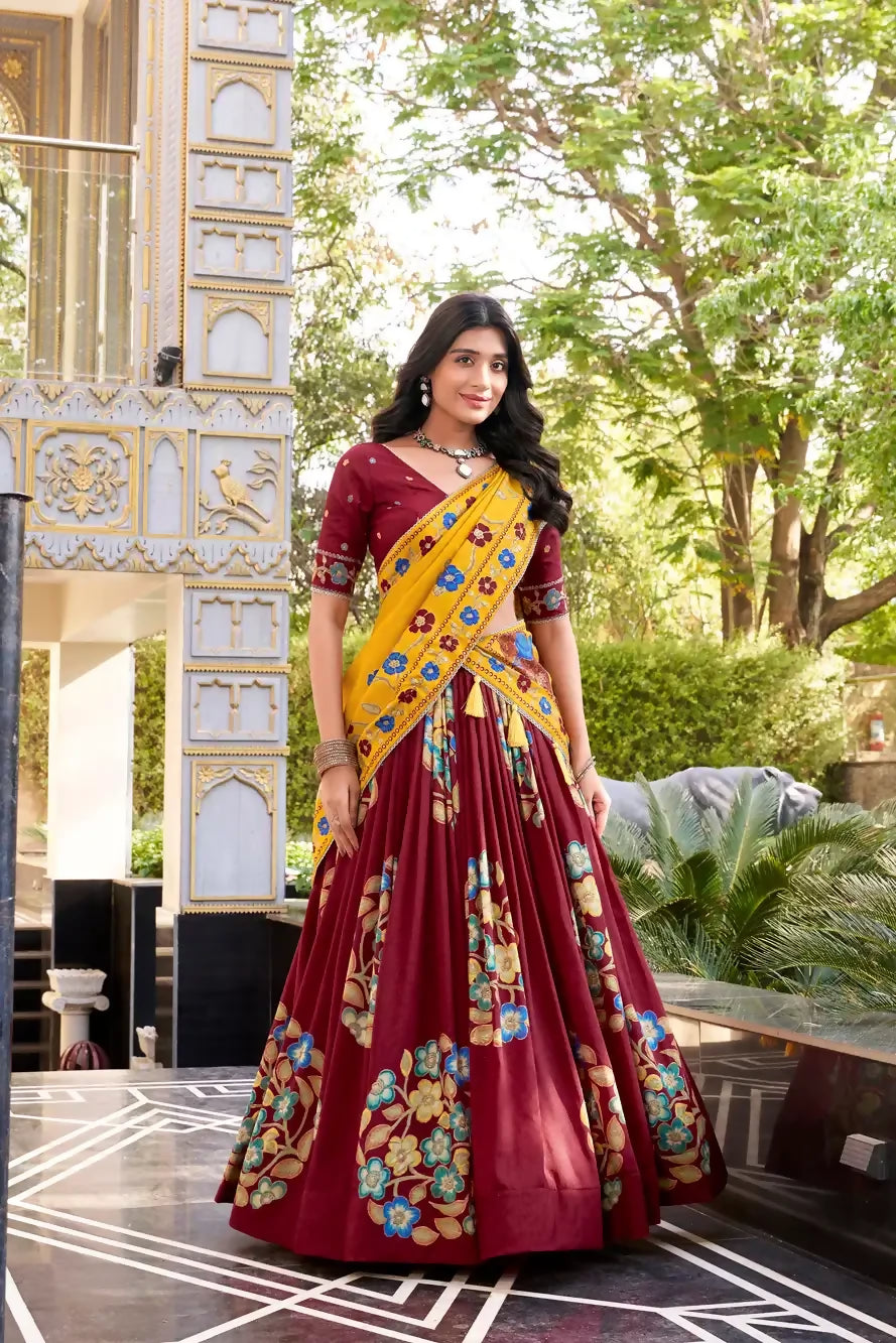 Looknbook Art Designer Tussar Silk Printed Chaniya Choli with Foil Detailing and Lace Finish-Maroon