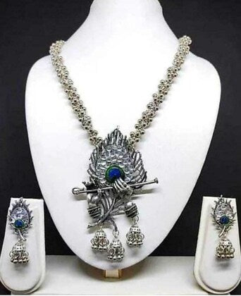 Tehzeeb Creations Women's Silver Colour Oxidised Necklace And Earring Bansuri Design - Distacart