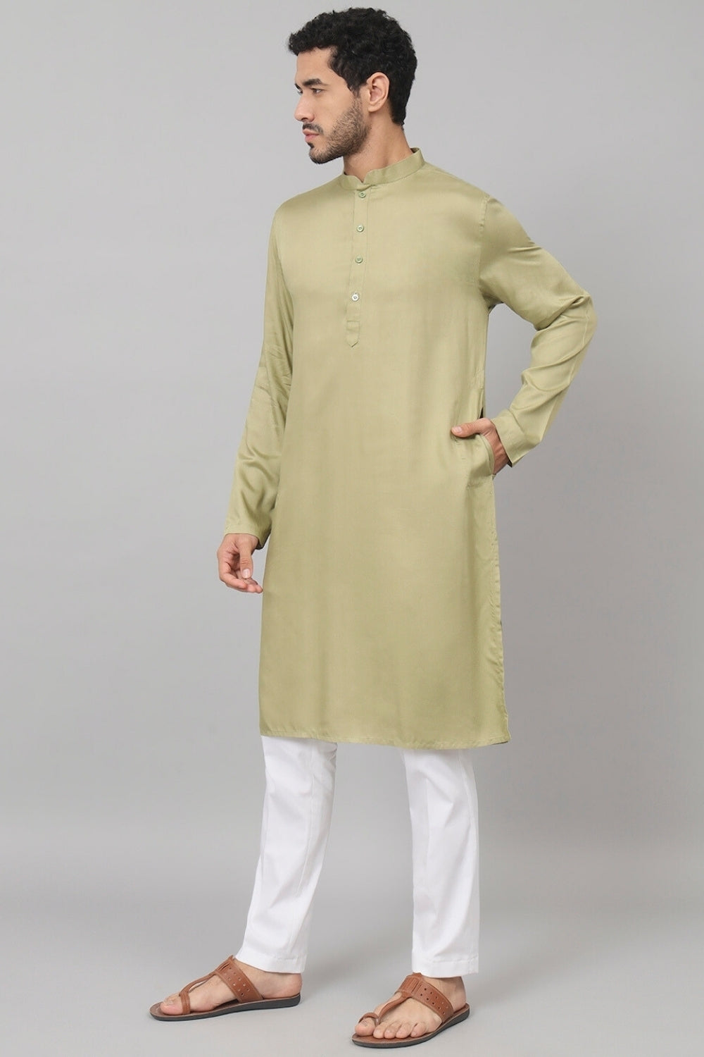 Giza Cotton Olive Green Plain Kurta by Hilo Design