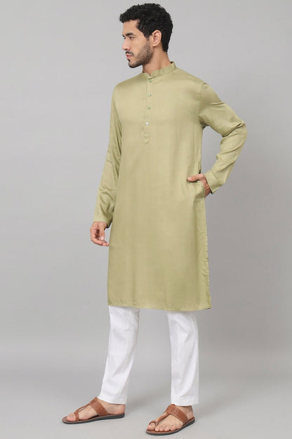 Giza Cotton Olive Green Plain Kurta by Hilo Design - Distacart