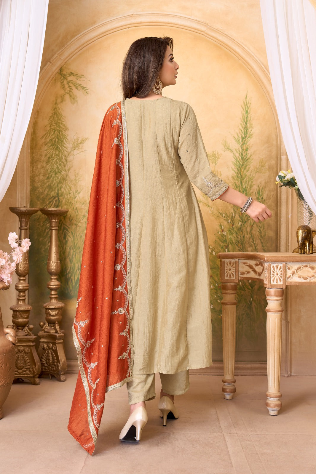 Anaita Cream Rust Anarkali Readymade Suit with Embroidery Work - Dista