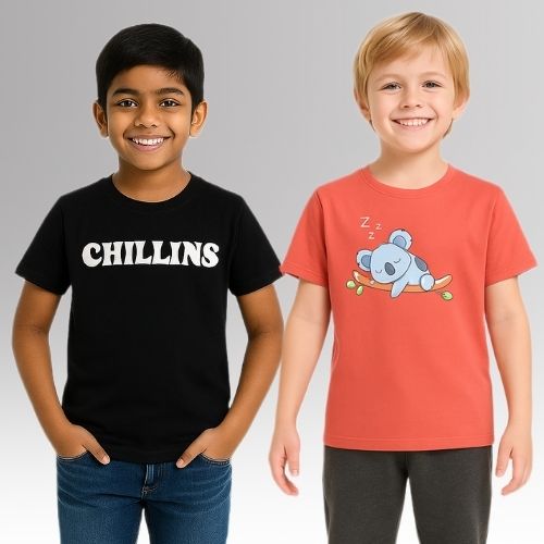 Chilins Round Black, Peach Neck Printed Cotton Tshirt(Pack of 2)