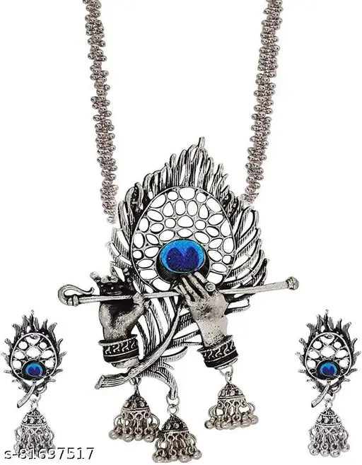 Tehzeeb Creations Women's Silver Colour Oxidised Necklace And Earring Bansuri Design - Distacart