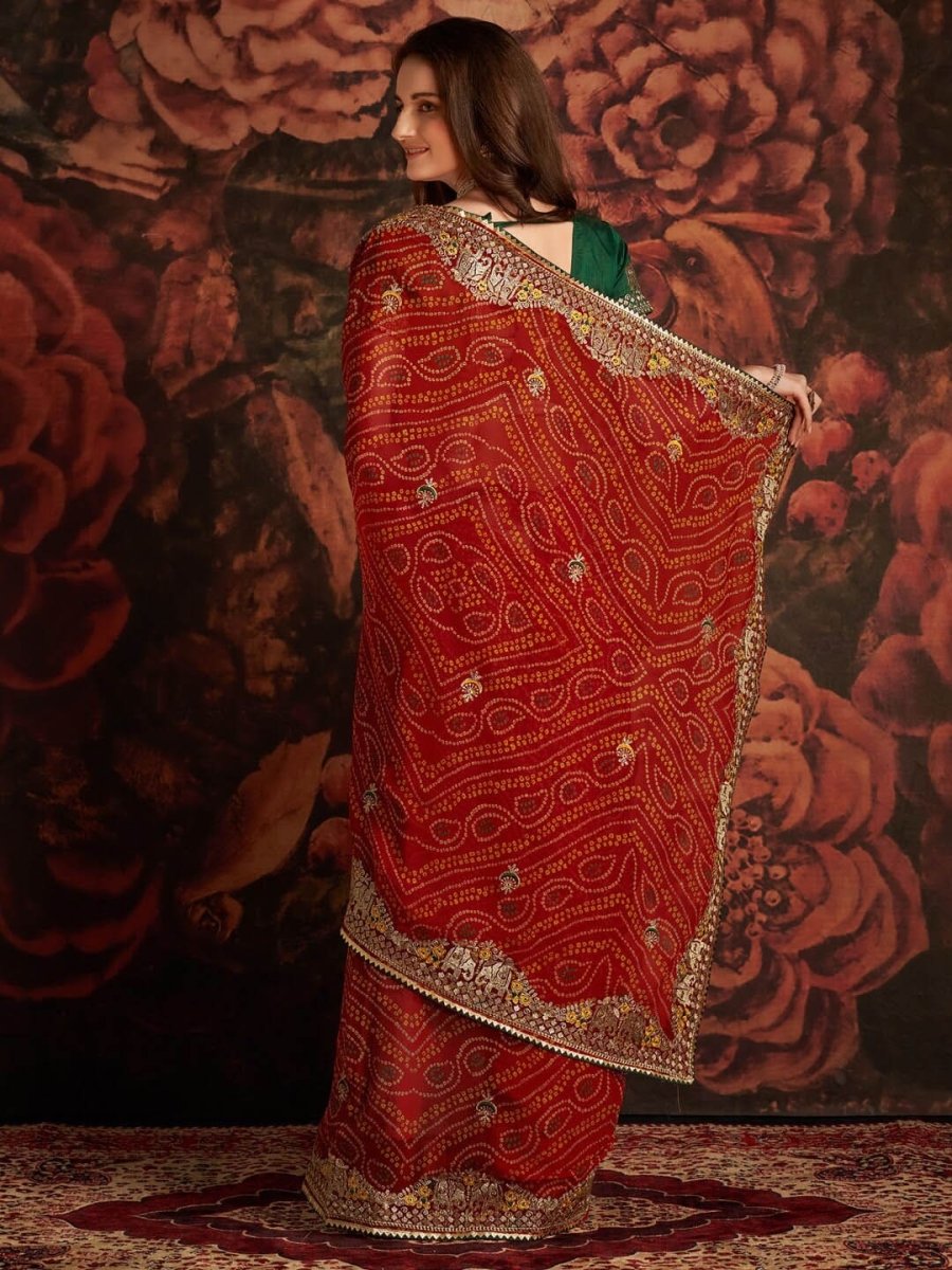 Anouk Red & White Printed & Embellished Georgette Bandhani Saree - Distacart