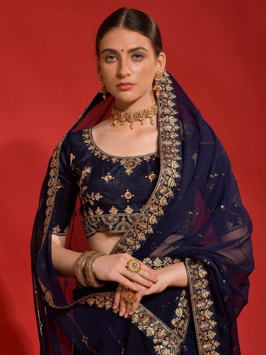 Anouk Navy Blue Embellished Sequinned Pure Georgette Saree - Distacart