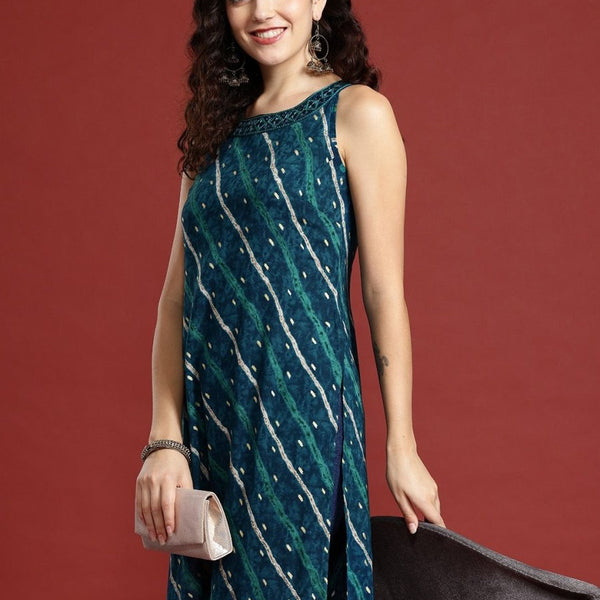 Anouk Leheriya Printed Halter Neck Thread Work Kurta - Distacart