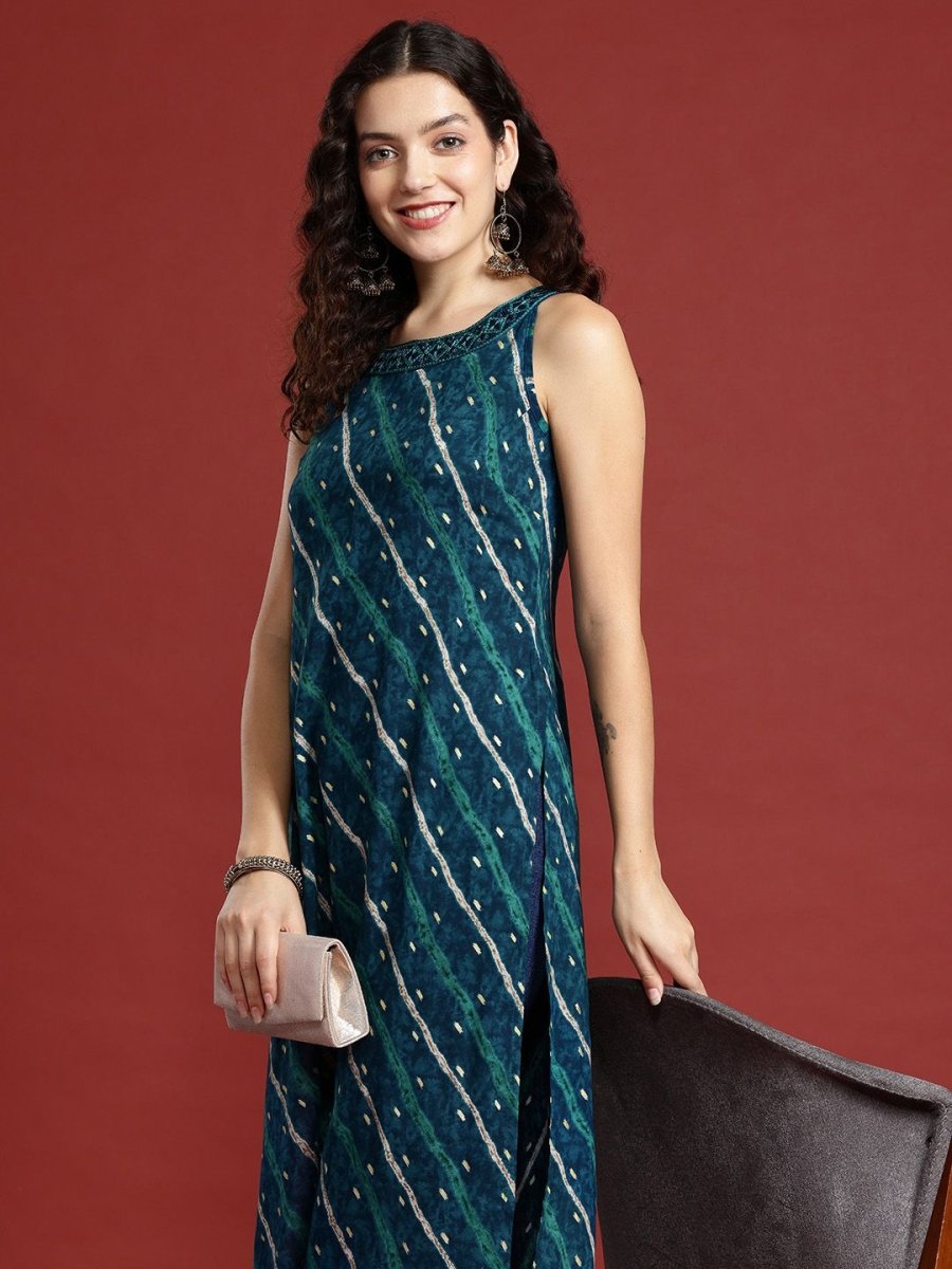 Anouk Leheriya Printed Halter Neck Thread Work Kurta - Distacart