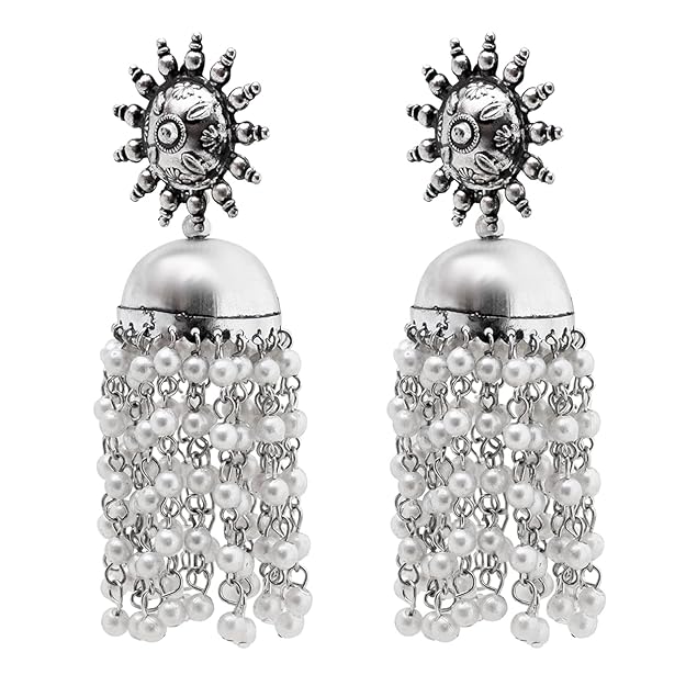 Tehzeeb Creations Women's Silver Colour Oxidised Earrings With White Pearl - Distacart