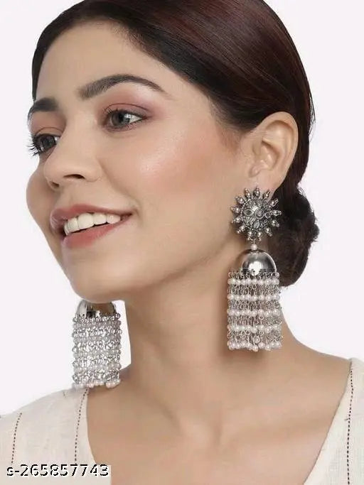 Tehzeeb Creations Women's Silver Colour Oxidised Earrings With White Pearl - Distacart