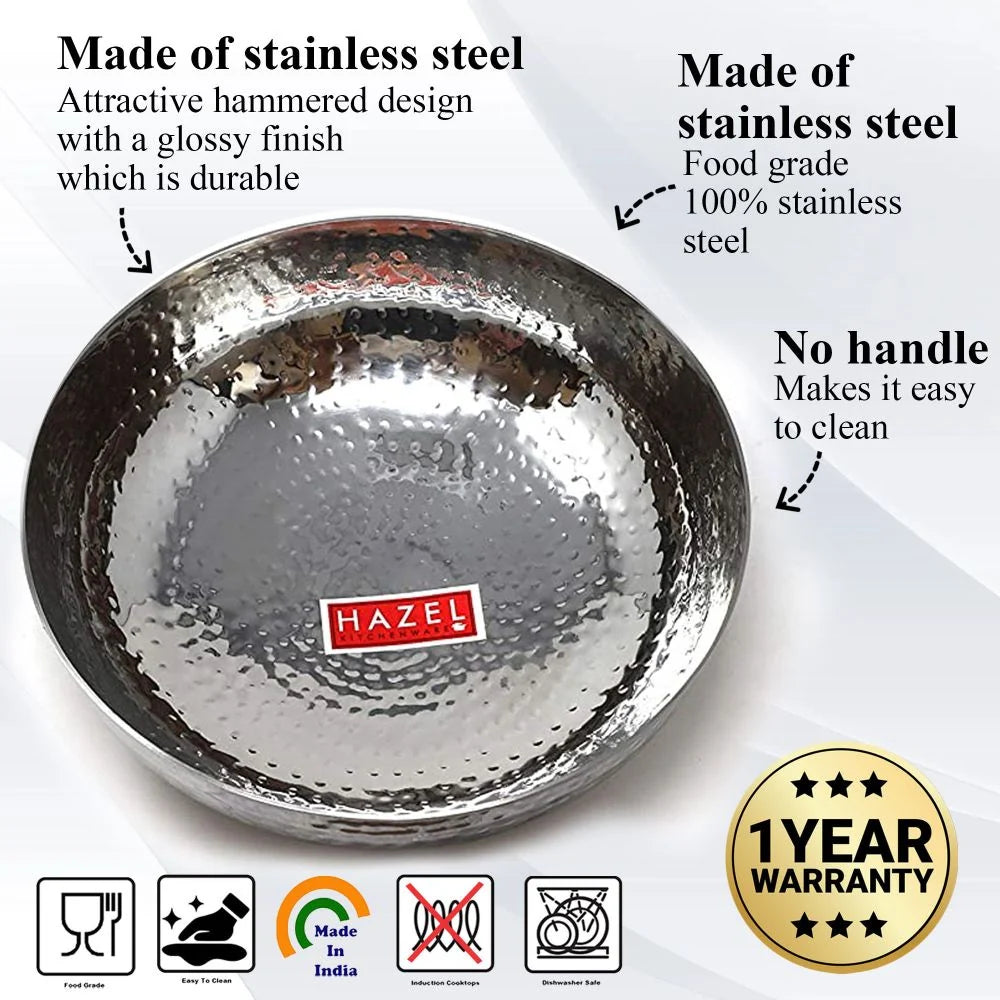 HAZEL Stainless Steel Kadai Without Handle | Hammered Tasra Kadhai, 700 ML
