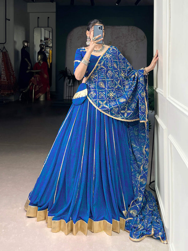 Lorenvalley Fashion Blue Georgette Bandhej Print and Embossed Design Lace with Gota Patti Touch Up Lehenga Choli with Dupatta