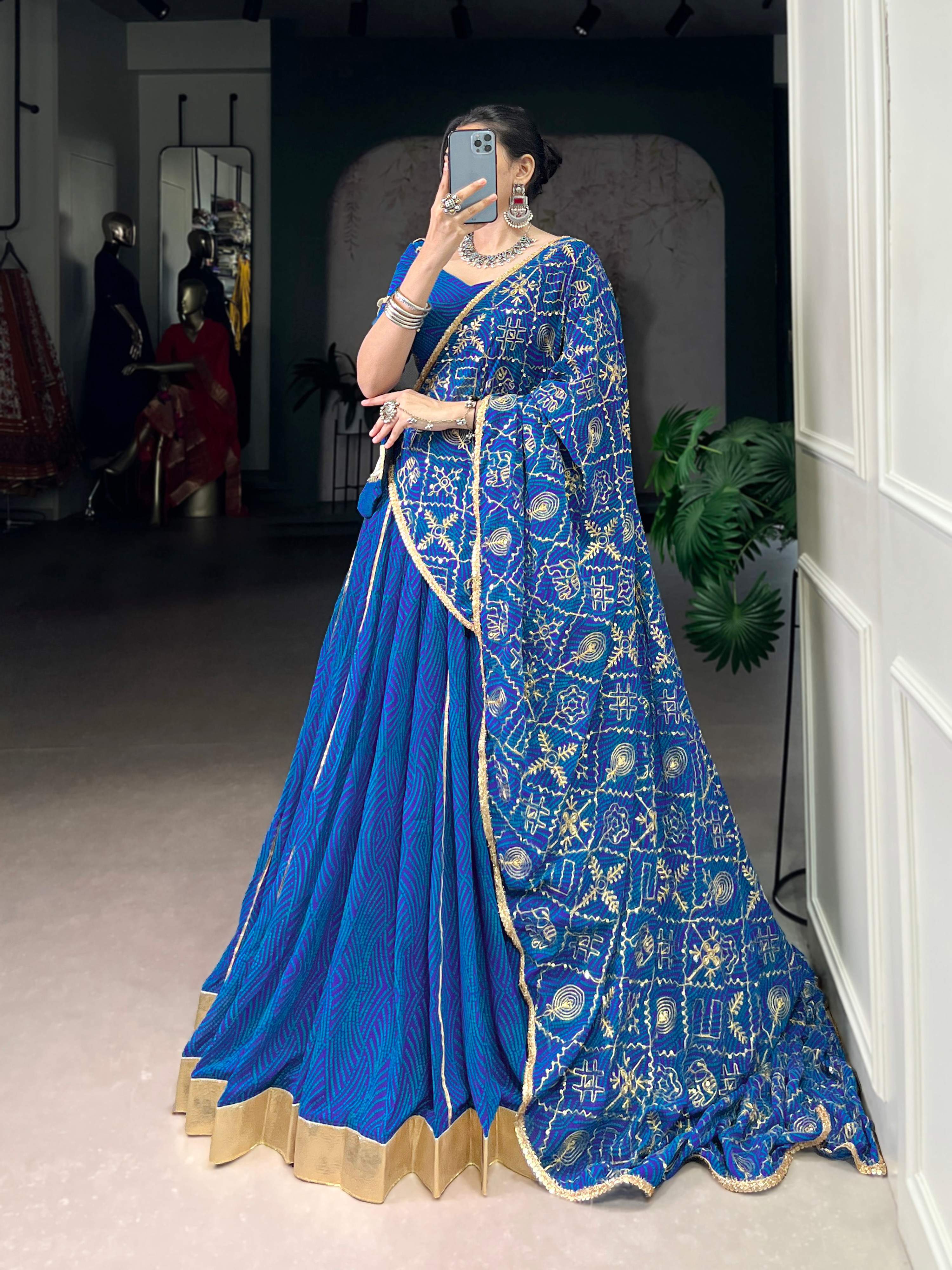 Lorenvalley Fashion Blue Georgette Bandhej Print and Embossed Design Lace with Gota Patti Touch Up Lehenga Choli with Dupatta