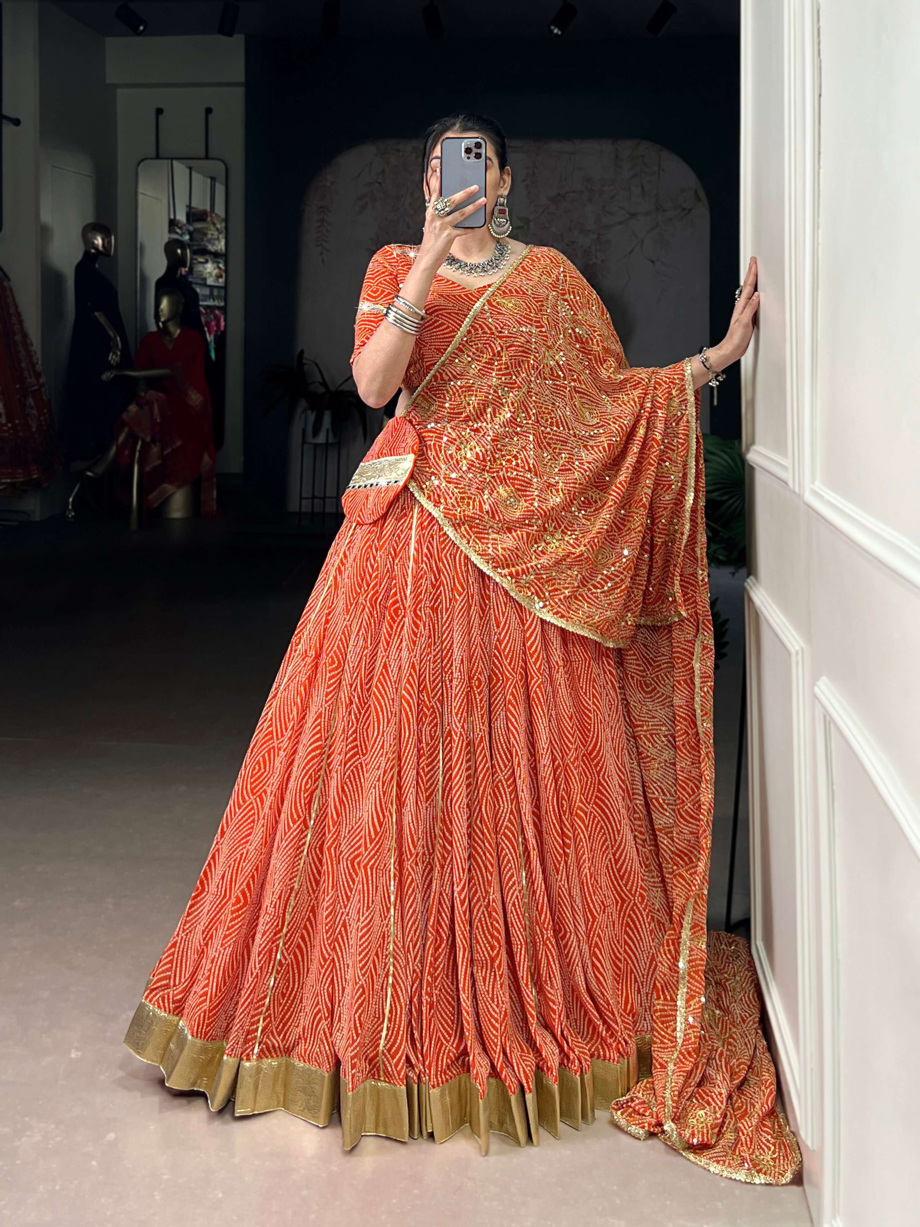 Lorenvalley Fashion Orange Georgette Bandhej Print and Embossed Design Lace with Gota Patti Touch Up Lehenga Choli with Dupatta