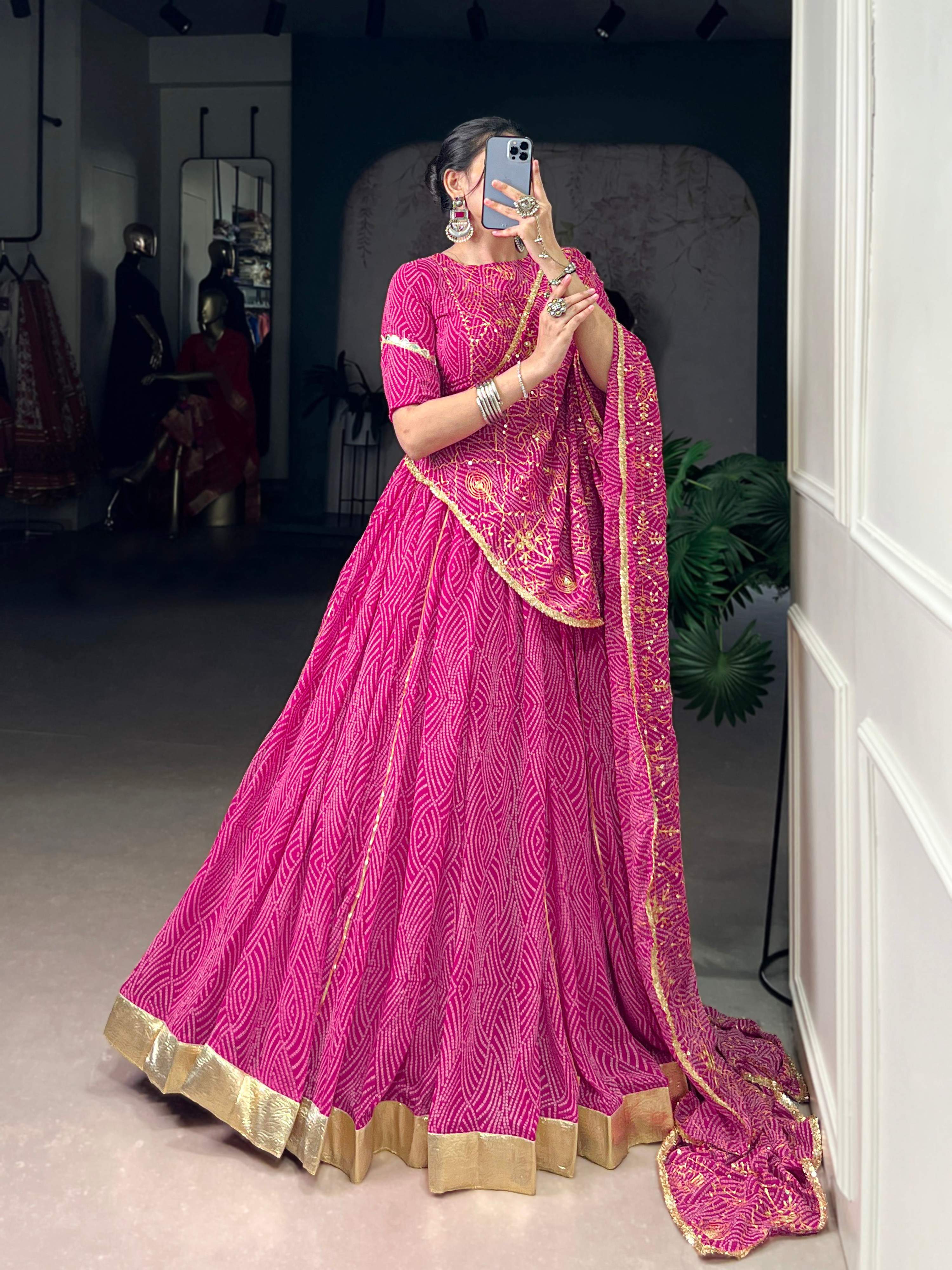 Lorenvalley Fashion Pink Georgette Bandhej Print and Embossed Design Lace with Gota Patti Touch Up Lehenga Choli with Dupatta