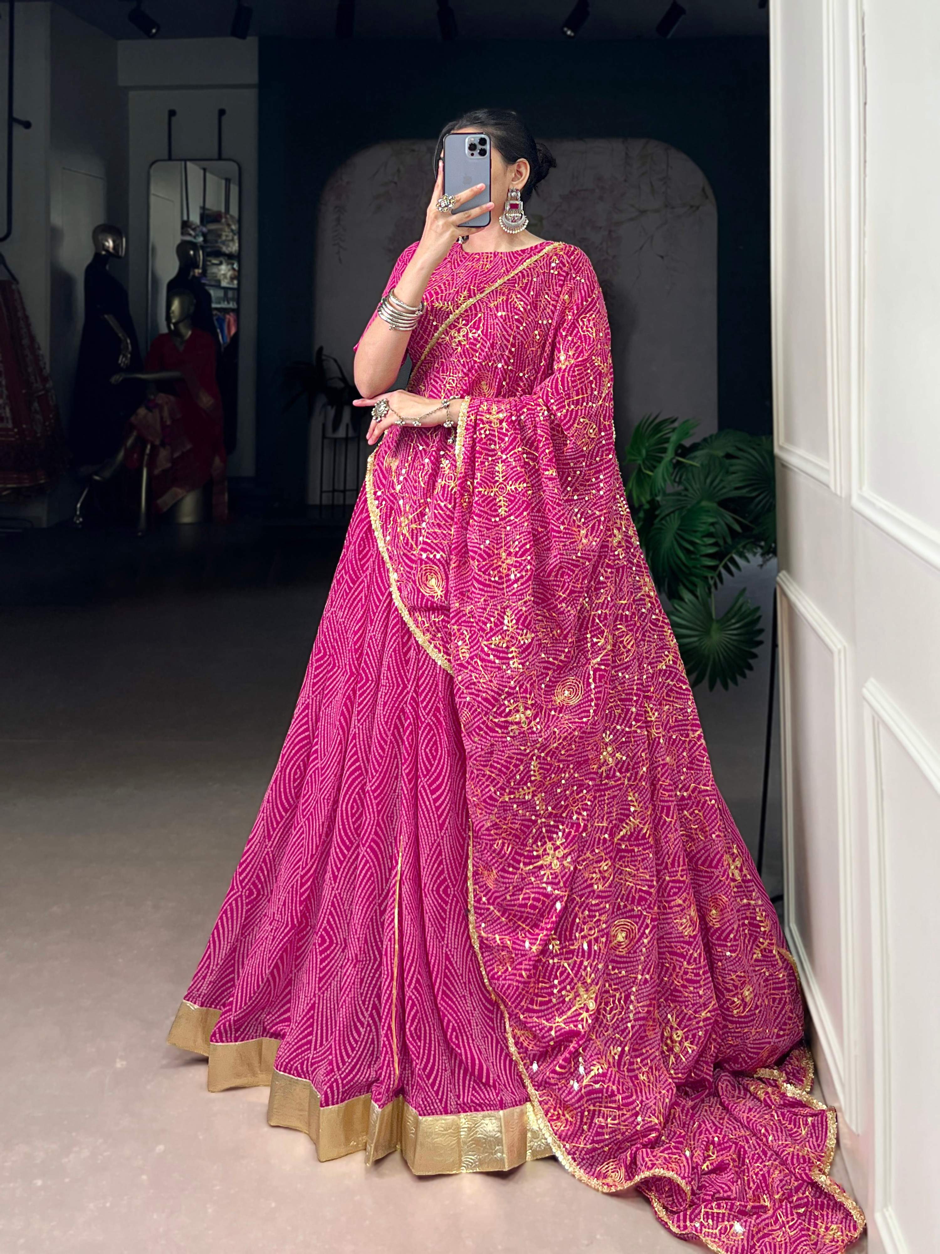 Lorenvalley Fashion Pink Georgette Bandhej Print and Embossed Design Lace with Gota Patti Touch Up Lehenga Choli with Dupatta