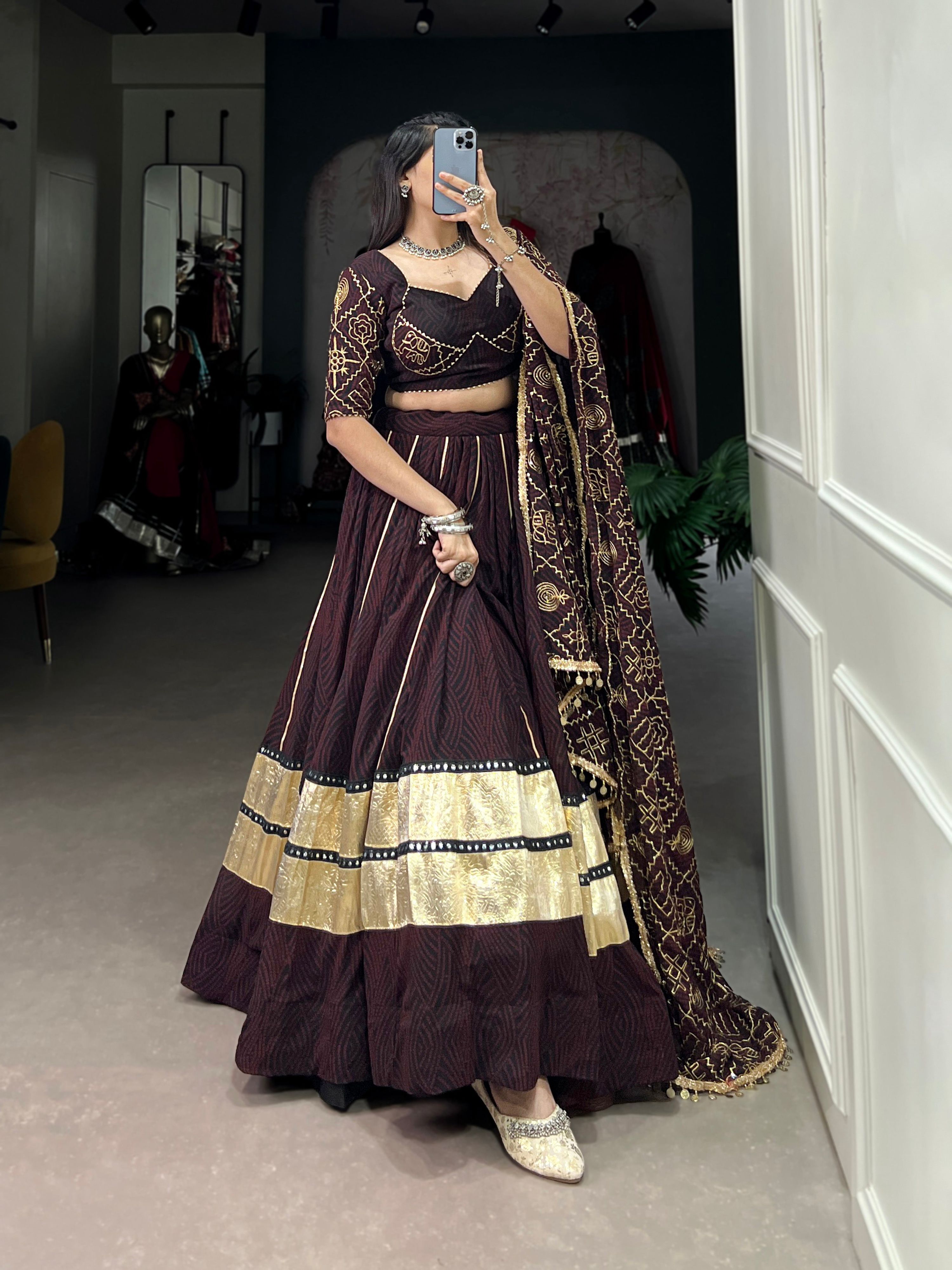 Lorenvalley Fashion Black and Maroon Georgette Bandhej Print And Embossed Design Lace With Paper Mirror Lace And Gota Patti Touch Up Lehenga Choli with Dupatta - Distacart