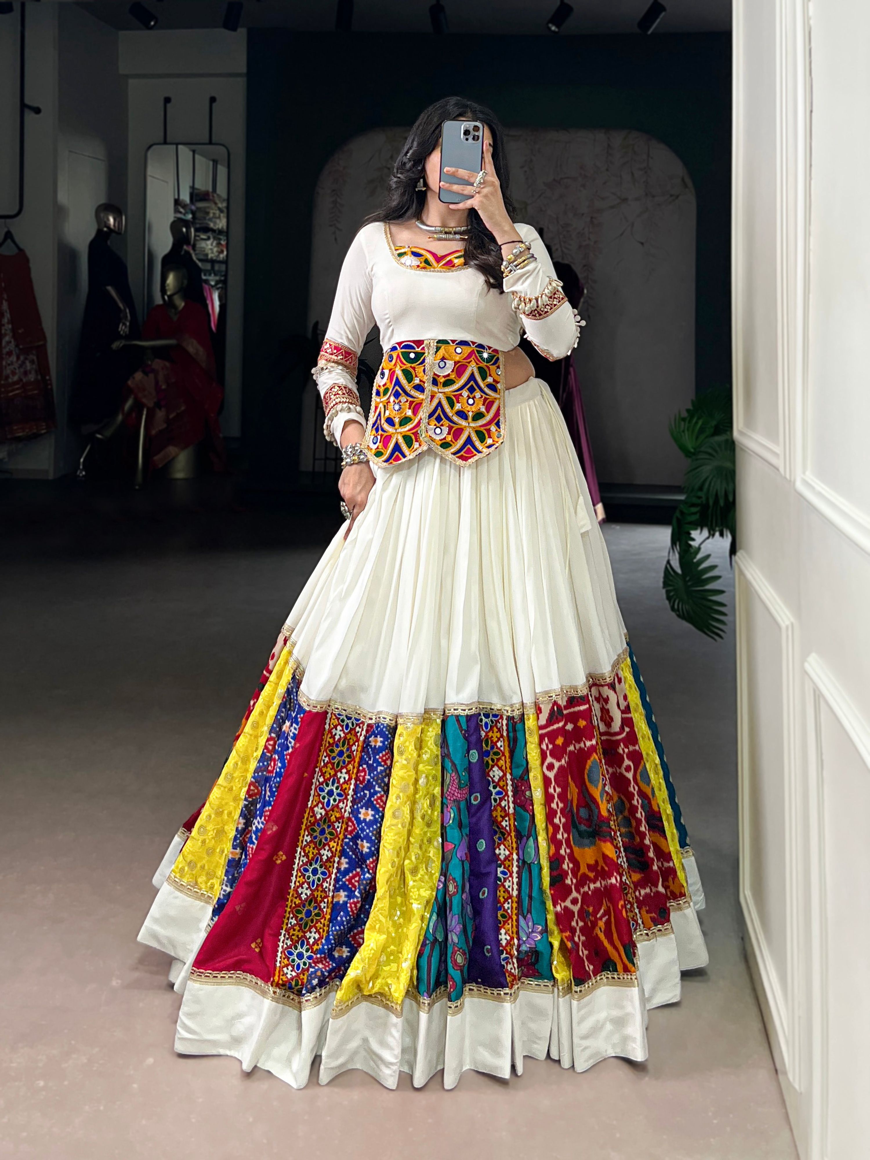 Lorenvalley Fashion White Pure Rayon Multi Colour Patch With Lace Touch Up Lehenga Choli