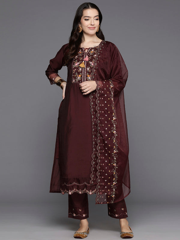 Indo Era Maroon Embroidered A-Line Kurta Trousers With Dupatta Set - Distacart