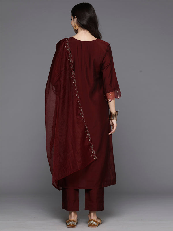 Indo Era Maroon Embroidered A-Line Kurta Trousers With Dupatta Set - Distacart