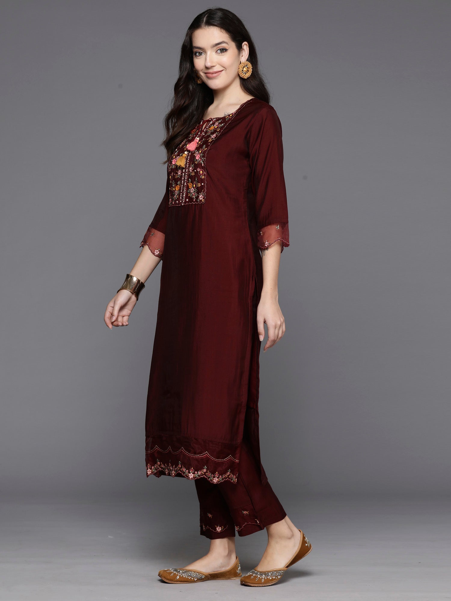 Indo Era Maroon Embroidered A-Line Kurta Trousers With Dupatta Set - Distacart