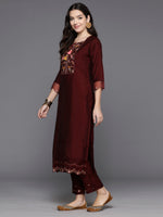 Thumbnail for Indo Era Maroon Embroidered A-Line Kurta Trousers With Dupatta Set - Distacart