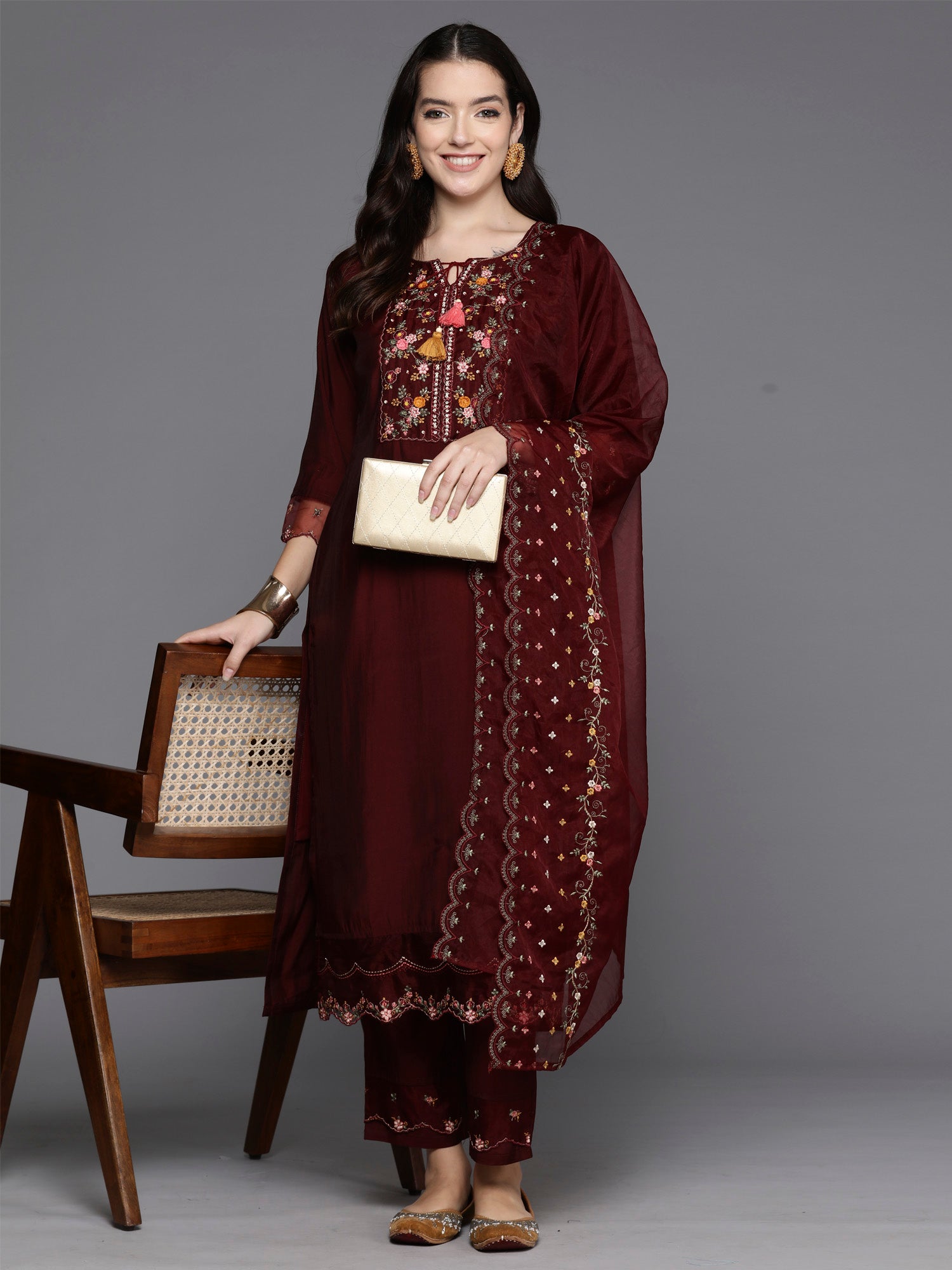 Indo Era Maroon Embroidered A-Line Kurta Trousers With Dupatta Set - Distacart