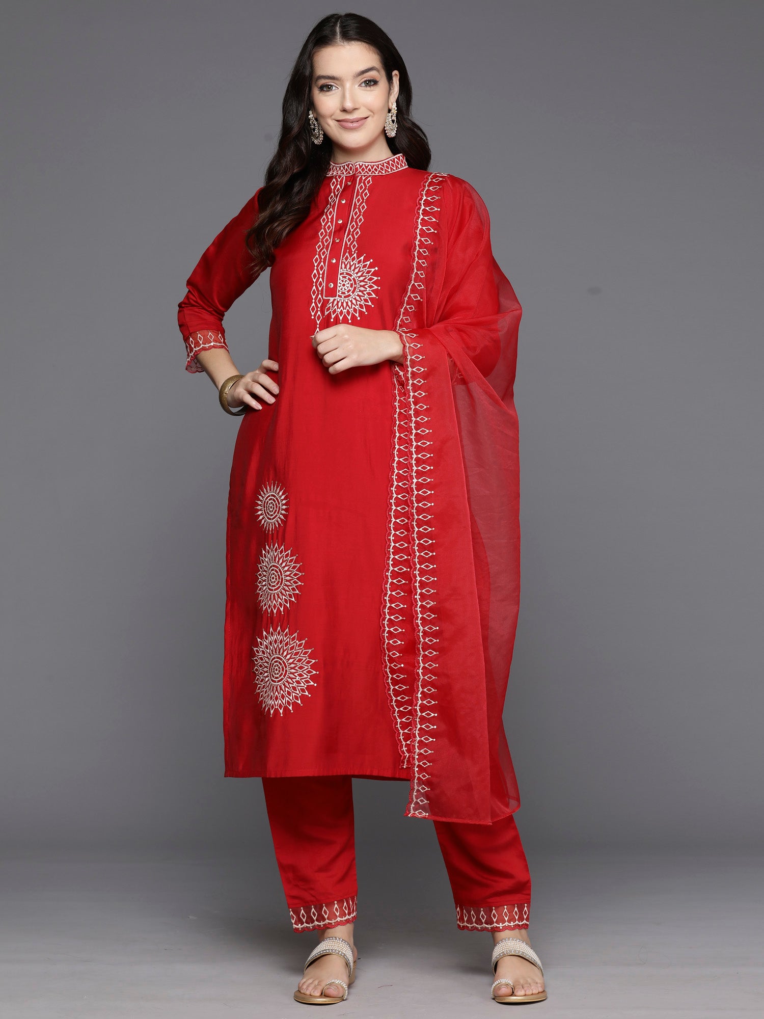 Indo Era Red Embroidered Straight Kurta Trousers With Dupatta Set - Distacart