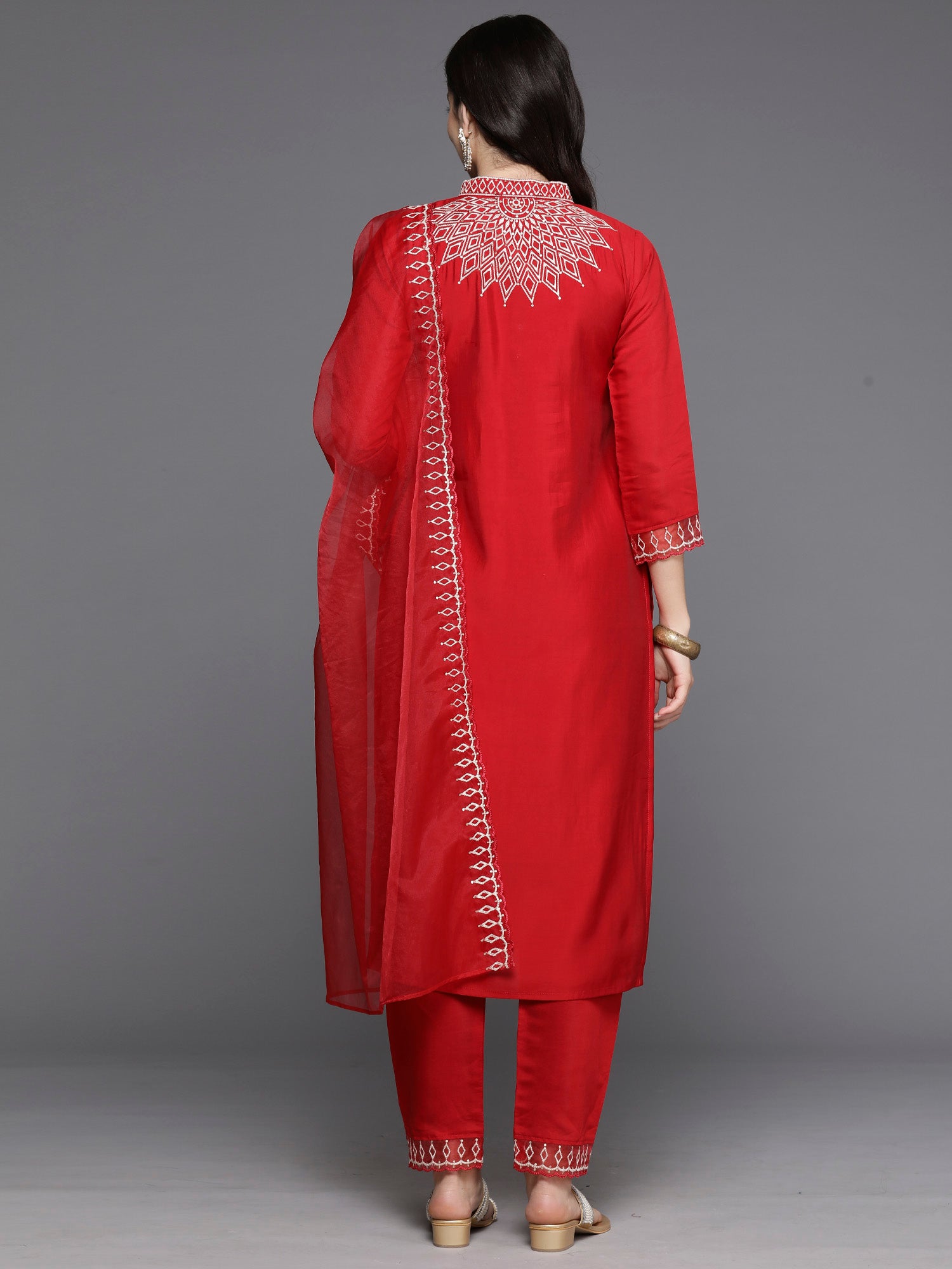 Indo Era Red Embroidered Straight Kurta Trousers With Dupatta Set - Distacart