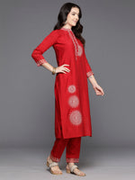 Thumbnail for Indo Era Red Embroidered Straight Kurta Trousers With Dupatta Set - Distacart